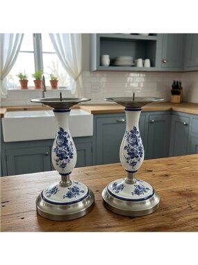 Vintage Blue and White Floral Ceramic Pewter Candle Holders